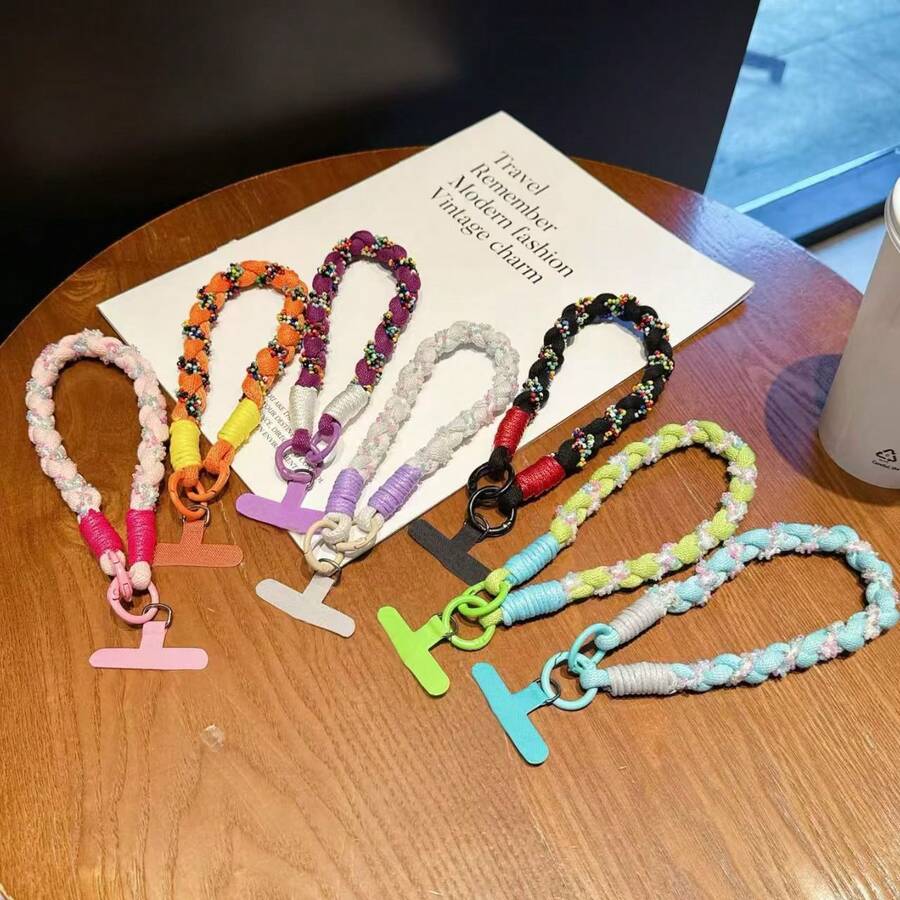Handmade Woven Cotton Rope Unique Niche Beaded Girls' Portable Small Pendant Chain Bag Charm Creative Versatile Thick Keyring Contrast Color Lanyard Short Wrist Strap Anti-Drop Phone Rope Phone Chain - Multicolor - View 1