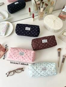 1pc Cute Polka‑Dot Quilted Makeup Pouch Soft Fabric Zipper Pen Case Portable Multi‑Purpose Storage Bag For Daily Use Cosmetics & Brushes Organization - Multicolor - View 9