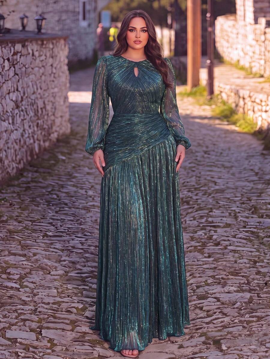 Gaun Formal Panjang Berkilau Elegan Ukuran Plus, Lengan Panjang, Leher Bulat, Hem Mengembang, Cocok untuk Malam yang Menawan dan Acara Spesial - Dark Green - View 1