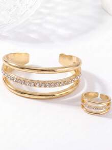 2pcs/Set Fashion Unique Multi-Layer Line Rhinestone Design Bracelet And Ring Jewelry Set, Elegant Daily Wear And Formal Occasion Women's Gift - Gold - View 4