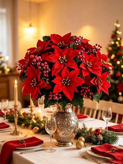 22pcs/11pcs Artificial Poinsettia & Glitter Berry Bouquet, Suitable For Home Decor, Christmas Decor, Christmas Tree Decor, Christmas Party Decor, Room Decor, Bedroom Decor, Tabletop Decor, Porch Decor, Wedding, Fireplace Decor, New Year Celebration, Christmas Room Decoration