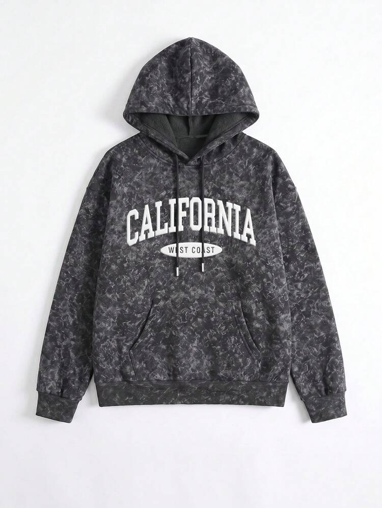 Women's Gray Floral Hooded Sweatshirt, Puff California West Coast Letter Print Kangaroo Pocket Drawstring Drop Shoulder Sportswear Casual Black Fall - Black - View 2