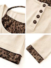 Women's U-Neck Long Sleeve T-Shirt, American Hot Girl Style, Spring/Autumn New Fashion Halter Leopard Print Patchwork Button Design, Casual Versatile Slimming Fitted Crop Top - Khaki - View 6