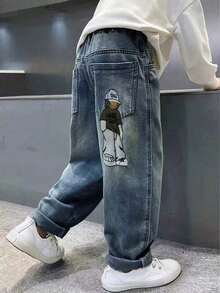 Tween Boy Spring Cartoon Graphic Pocket Casual Daily Denim Jeans - Blue - View 1