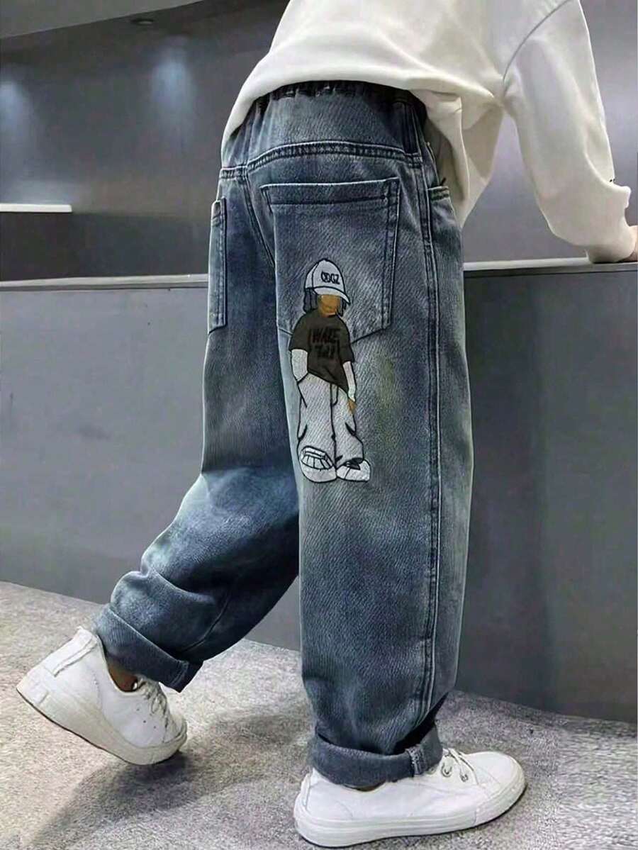 Tween Boy Spring Cartoon Graphic Pocket Casual Daily Denim Jeans - Blue - View 1