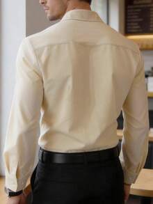 男士春夏商務休閒時尚通勤純色熱轉印長袖襯衫，適合外出與通勤，送給男友/丈夫的禮物 - 杏色 - 查看 5