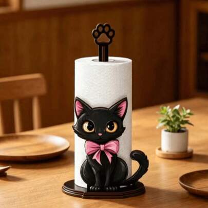 Black Cat Design Kitchen Towel Rack, Wooden Kitchen Towel Rack, Single Layer Fabric Towel Rack, Vertical Kitchen Towel Rack, Countertop Towel Storage Rack, Desktop Towel Rack, Towel And Plastic Wrap Roll Storage Rack