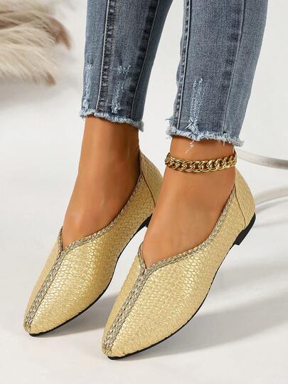 Vintage Woven Texture Soft PU Pointed Toe Low Vamp Flat Shoes For Women, V-Shaped Opening Design, Soft Sole, Lightweight, Casual Daily Commute, Outdoor Leisure, Wedding Party, Fashionable Versatile Loafers