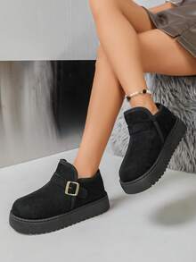 Women's Faux Suede Thick Sole Mule Closed Toe Slippers, Antique Gold Buckle Strap Slip-On Backless Round Toe Boot-Style Slides - Black - View 2
