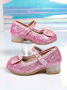 1 Pair Greet Bowknot Sequin Popular Kids High Heels, Thick Heel Anti-Slip Soft Design Sole Suitable For Party And Daily Wear - Rose Red - View 4