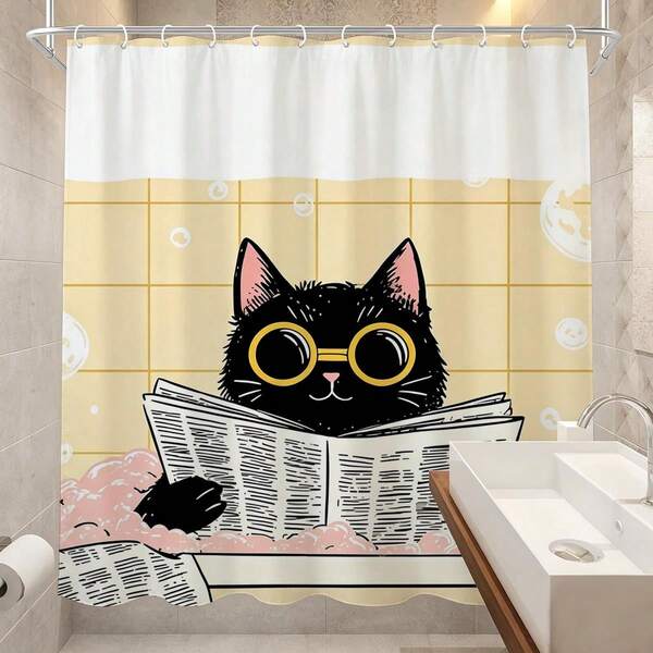 1pc Cat Reading Newspaper Shower Curtain, Vintage Design, Waterproof Bath Curtain, Suitable For Bathtub Partition, Bathroom Decor And Bathroom Accessories, Home Decor Gift