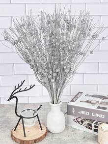 6pcs Silver Glitter Christmas Tree Decorative Branches With Berries And Artificial Flowers, Suitable For Holiday, Wedding, Party, Tabletop Decor, DIY Decoration Accessories, Christmas Tree And Christmas Plant Decoration - Silver - View 6