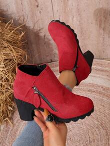 Women's Autumn/Winter Solid Color Side Zipper Chunky Heel Ankle Boots, Fashion Thick Platform Waterproof Versatile Western Style Side Zipper Chunky Heel Holiday Outdoor - Red - View 10