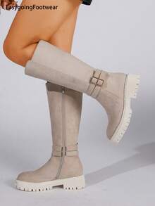 Beige Double Buckle Thick Sole Side Zipper Autumn/Winter Versatile Non-Slip Chunky Heel Tall Boots - Beige - View 3