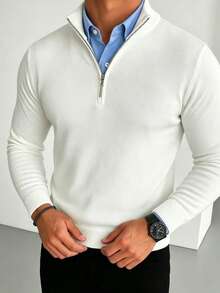 Men's Classic Zip-Up Turn Collar Long Sleeve Fine Knit Sweater, Autumn/Winter - White - View 3