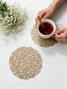 12pcs Gold Hollow PVC Drink Coasters, Washable Table Accessories, Non-Slip Tableware Mats, Breathable And Heat Dissipating, Lightweight And Easy To Store, Suitable For Restaurants, Cafes, Homestays, Perfect For Afternoon Tea, Holidays, Parties, Gatherings, Birthdays, Weddings, Dinner Parties - Multicolor - View 2
