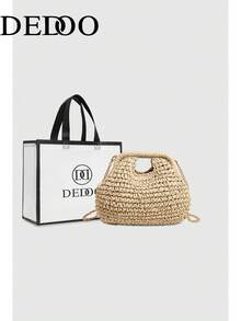 Dedoo Women's Dumpling-Shaped Woven Straw Crossbody Bag, Chain Shoulder Strap, Hand Carry Handle, Bohemian Style, Suitable For Summer Beach Vacation (Includes Gift Bag) - Beige - View 2