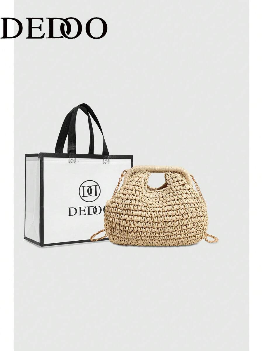 Dedoo Women's Dumpling-Shaped Woven Straw Crossbody Bag, Chain Shoulder Strap, Hand Carry Handle, Bohemian Style, Suitable For Summer Beach Vacation (Includes Gift Bag)