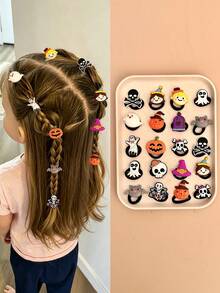 14pcs Random Halloween Themed Hair Ties For Kids, Cartoon Pumpkin Ghost Skull Bat Design, High Elasticity Girls Party Costume Hair Accessories - Multicolor - View 1