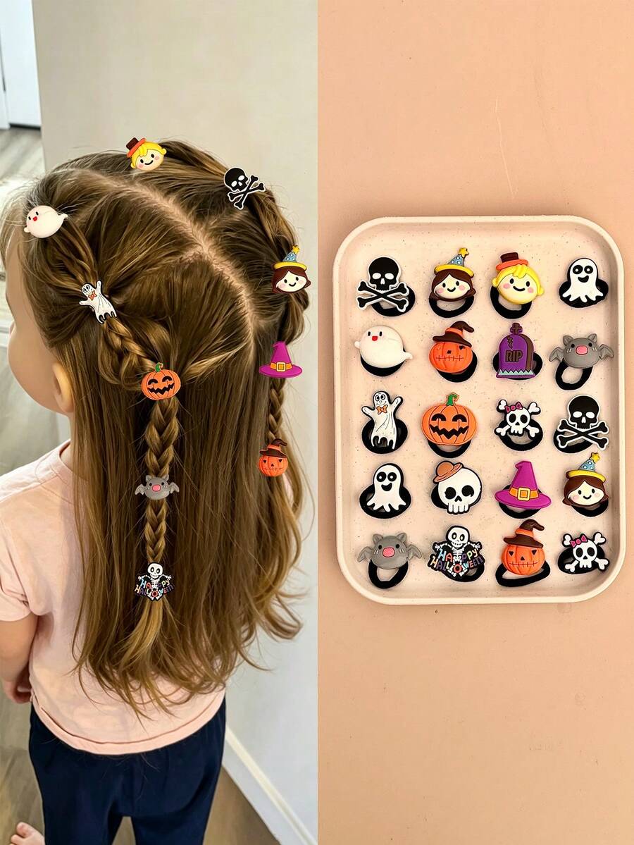 14pcs Random Halloween Themed Hair Ties For Kids, Cartoon Pumpkin Ghost Skull Bat Design, High Elasticity Girls Party Costume Hair Accessories - Multicolor - View 1