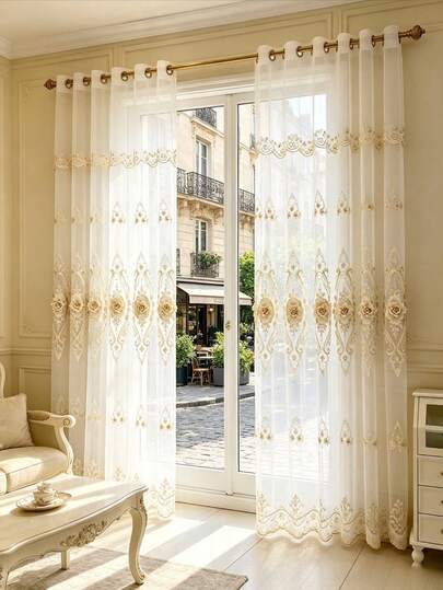 1 pieza Cortina transparente de estilo europeo de lujo con perforaciones, bordado floral vertical soluble en agua, diseño de encaje exquisito en la parte superior, cortina decorativa semitransparente para ventana del hogar, dormitorio y balcón