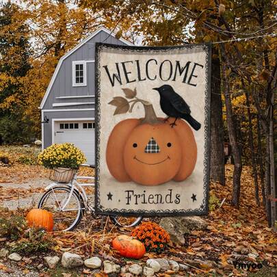 1pc Garden Decorative Flag, Country Folk Art Pumpkin Pattern With Plaid Nose And Crow Design, Front Yard Autumn Welcome Decor, Outdoor Decoration, Seasonal Decor, Vintage Aesthetic, Fantasy Design, Decorative Flag, Yard Ornament, Holiday Decor, Country Style Decorative Fan, Christmas, Thanksgiving, Halloween, Single-Sided Print, Polyester Material Garden Flag, Flagpole Not Included (Flag Only)