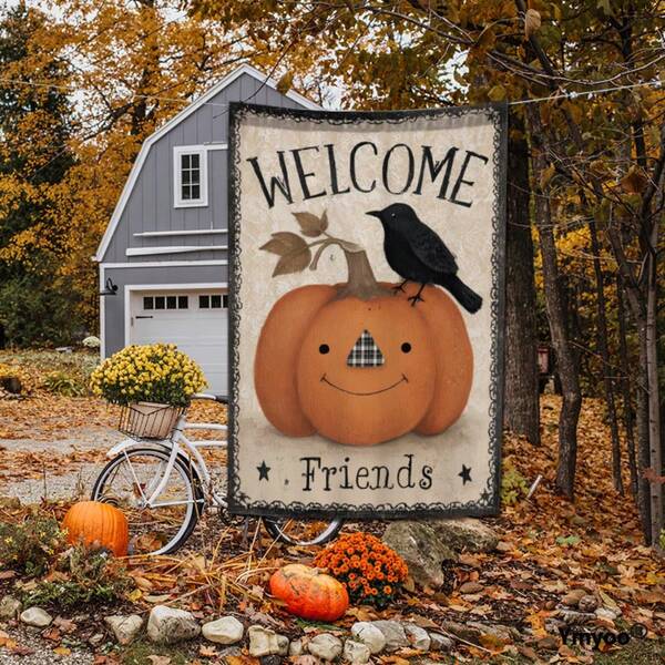 1pc Garden Decorative Flag, Country Folk Art Pumpkin Pattern With Plaid Nose And Crow Design, Front Yard Autumn Welcome Decor, Outdoor Decoration, Seasonal Decor, Vintage Aesthetic, Fantasy Design, Decorative Flag, Yard Ornament, Holiday Decor, Country Style Decorative Fan, Christmas, Thanksgiving, Halloween, Single-Sided Print, Polyester Material Garden Flag, Flagpole Not Included (Flag Only)