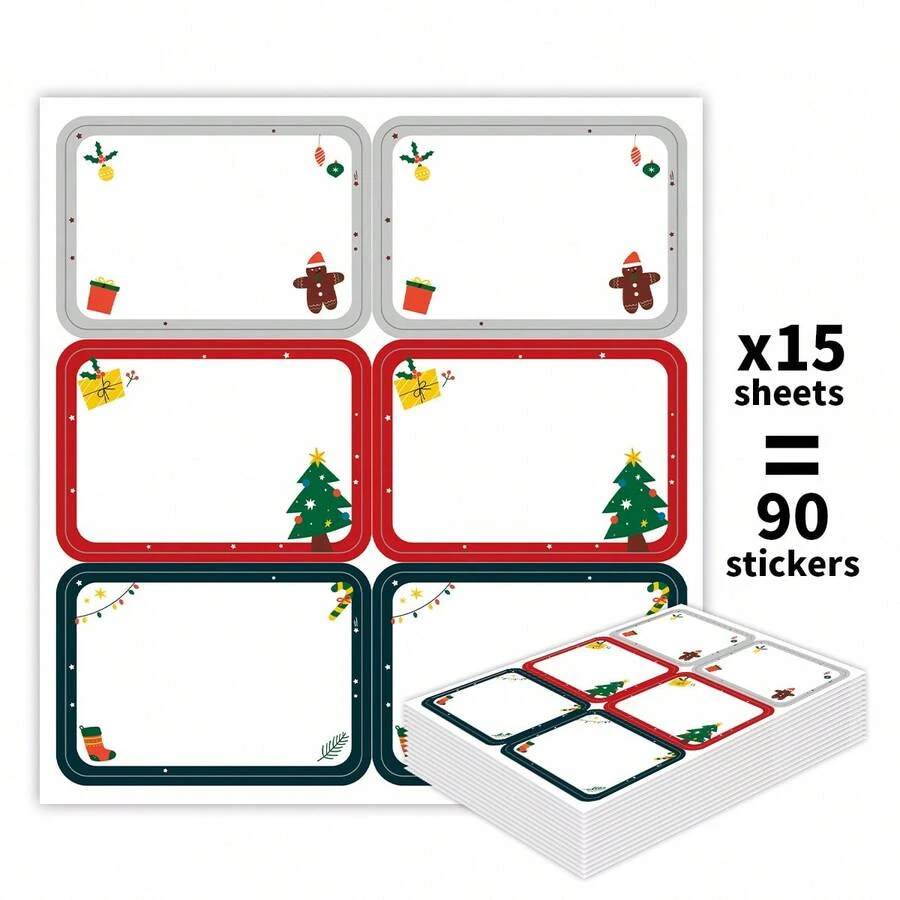 90pcs/15 Sheets Christmas Gift Labels Stickers, Self-Adhesive Holiday Gift Labels - Gingerbread Man, Christmas Tree, Christmas Stocking Designs, Holiday Gift Wrapping Labels Stickers, Christmas Decorations - Multicolor - View 1