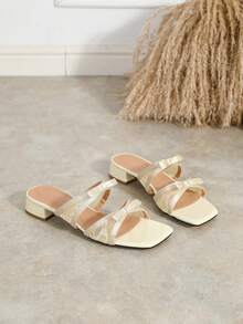 Women's French Square Toe Lace Patchwork Bow Slide Sandals, Chunky Heel Slip-On Slippers, Gentle Style Summer Outdoor Wear - Apricot - View 5