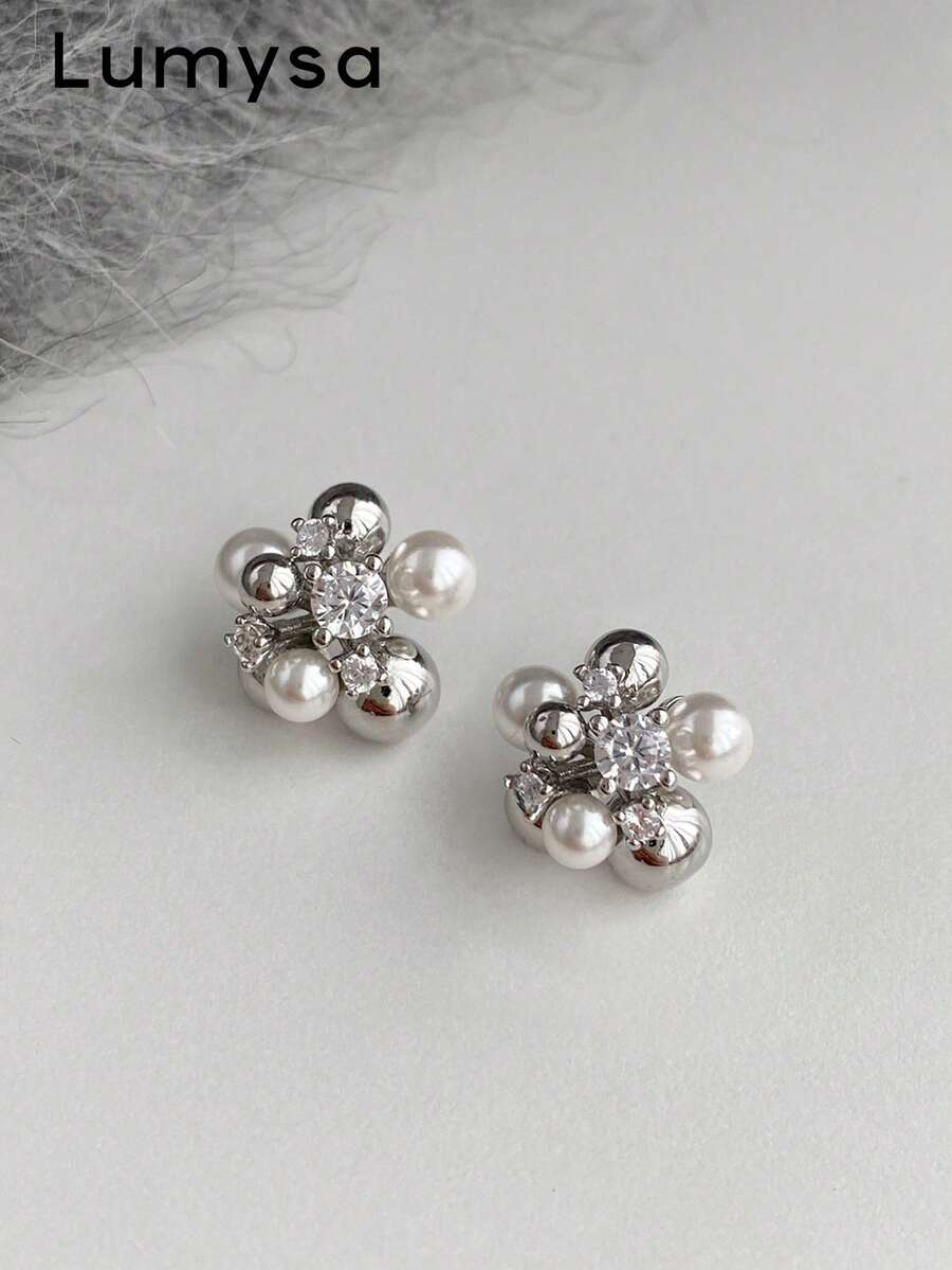 1 Pair Cool Elegant Rhinestone Small Round Ball Faux Pearl Stud Earrings Suitable For Women's Daily Wear