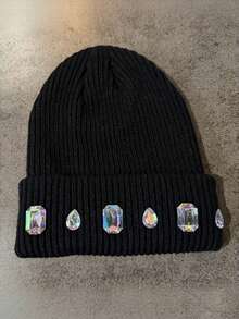 1pc Colorful Rhinestone Beanie Knit Hat Punk Style With Rhinestones Autumn/Winter Fashion Versatile Couple Hat Warm Hat Suitable For Daily Wear, Home, Outdoor, Cycling, Fishing (Rhinestone Color And Position Random) - Multicolor-d - View 4