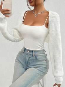 Women's Casual Elegant V-Neck Bell Sleeve Front Button Short Sleeve Cardigan, Suitable For Beach Party And Outings, Summer Style - White - View 2