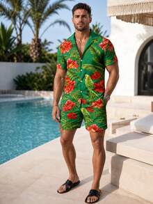 Men's Floral Print Casual Vacation Shirt And Shorts Beach Outfit - Multicolor - View 1
