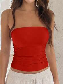 GLAMSKIN Damen Sexy Trägerloses Top, Sommer/Herbst Lässig Doppellagig Slim Fit Basic Camisole, Schulanfang, Streetwear und Strandurlaub Rot - Rot - Übersicht 9