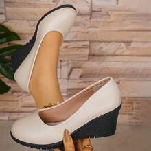 Sepatu hak wedges minimalis wanita, ujung bulat, sol tebal, menambah tinggi badan, gaya komuter musim semi/gugur, sepatu kasual serbaguna. - putih pucat - View 6