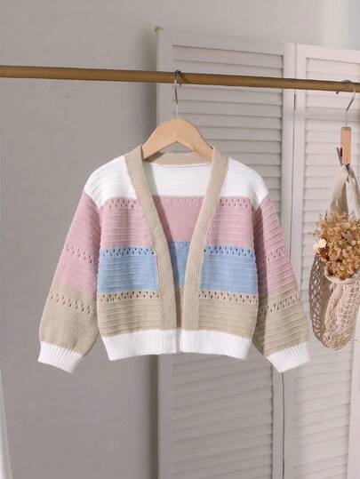 Girls' Multi-Color Striped Knit Cardigan, Long Sleeve V-Neck Hollow Design Lightweight Versatile Cardigan