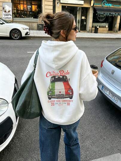 Sweat à capuche femme automne/hiver, manches longues, imprimé voiture vintage, haut décontracté quotidien cool et sportif, pull à capuche style streetwear Y2K