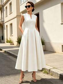 Solid Color Minimalist Hollow Out Slit V-Neck Sleeveless Waist-Cinching Midi Dress, Elegant Style - Beige - View 3