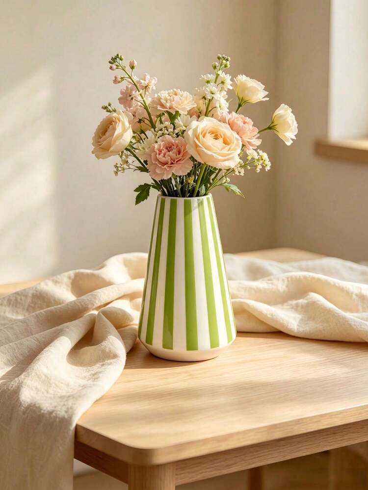 1件裝現代錐形條紋花瓶套組，幾何紋理裝飾花器，客廳玄關桌面擺飾家居裝飾 - 圓筒條紋 - 查看 3
