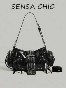 Pillow Bag Shoulder Crossbody Dual-Use Multi-Compartment Storage For Phone, Earphones, Cosmetics, Personal Items Zipper Closure Street Cool Dark Style Rivet Multi-Zipper Motorcycle Bag Cool Girl Outfit For Dating, Daily Outings, Crossbody Bag - Black - View 6