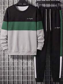 Men's Plus Size Crew Neck Long Sleeve Pullover Sweatshirt Set, 3-Color Contrast Striped Casual 2-Piece Outfit - Multicolor - View 2