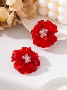 1對可愛韓系溫柔風夏季海灘度假紅色3D花朵造型女款耳釘 - 紅色 - 查看 4