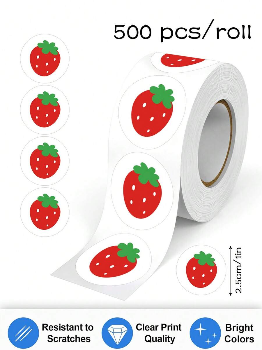 500pcs Cartoon Strawberry Doodle Sticker Roll 1 Inch Round Cartoon Office Stickers Dessert Packaging Stickers DIY Decoration Stickers PVC Self-Adhesive Labels - Multicolor - View 1