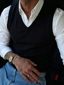Men's Casual Classic V-Neck Knit Sweater Vest, Suitable For All Seasons - Black - View 6