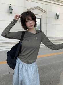 Korean Style Early Spring Versatile Retro Minimalist Design Asymmetric Button Slim Fit Flattering Hooded T-Shirt Top - Dark Grey - View 6
