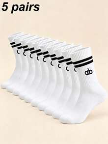 1/5/10 Pairs Unisex Letter Striped Black & White Sports Socks, Couple Socks, Comfortable Breathable Sweat-Absorbing Mid-Calf Socks, Casual Socks, Suitable For Daily Wear, Sports, Back To School Season, All Seasons - Black and White - View 14