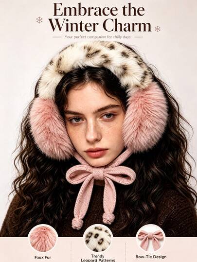 1 pieza Gorro estilo trampa de invierno, estampado de leopardo con piel sintética y detalle de lazo de punto, función a prueba de viento y cálida, gorro con orejeras para mujer, ropa de otoño para mujer, accesorio de fitness, rosa, invierno, adecuado para uso diario al aire libre en temporada fría