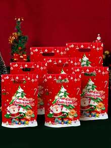 10/30/50pcs, Christmas Santa Claus Reindeer Gift Bags, Gingerbread Man Santa Claus Reindeer Pattern Plastic Packaging Bags, Merry Christmas Decorations For Home, Happy New Year Decor - Red - View 2