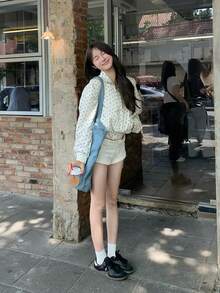 American Style Smile Embroidery Polka Dot All-Over Print Stand Collar Jacket Women Loose Casual Versatile Short Coat - White - View 8