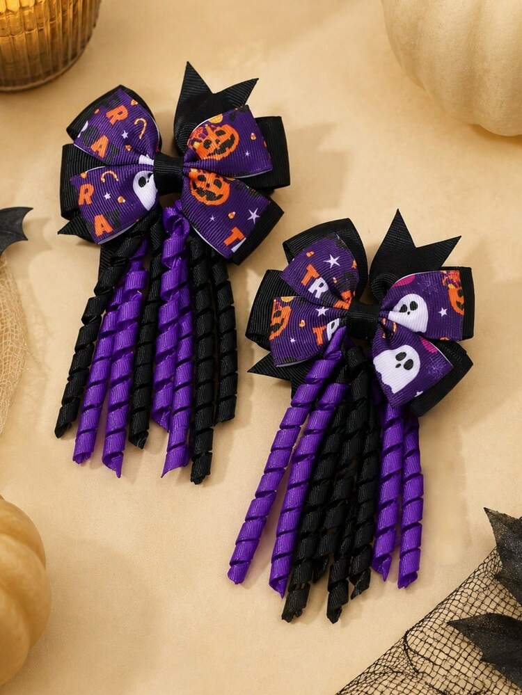 2pcs Halloween Purple Black Bow Hair Clips With Tails,Pumpkin Ghost Pattern Hair Bows,Cute Hair Accessories,Girls Kids Halloween Party Hairpins - Multicolor - View 2